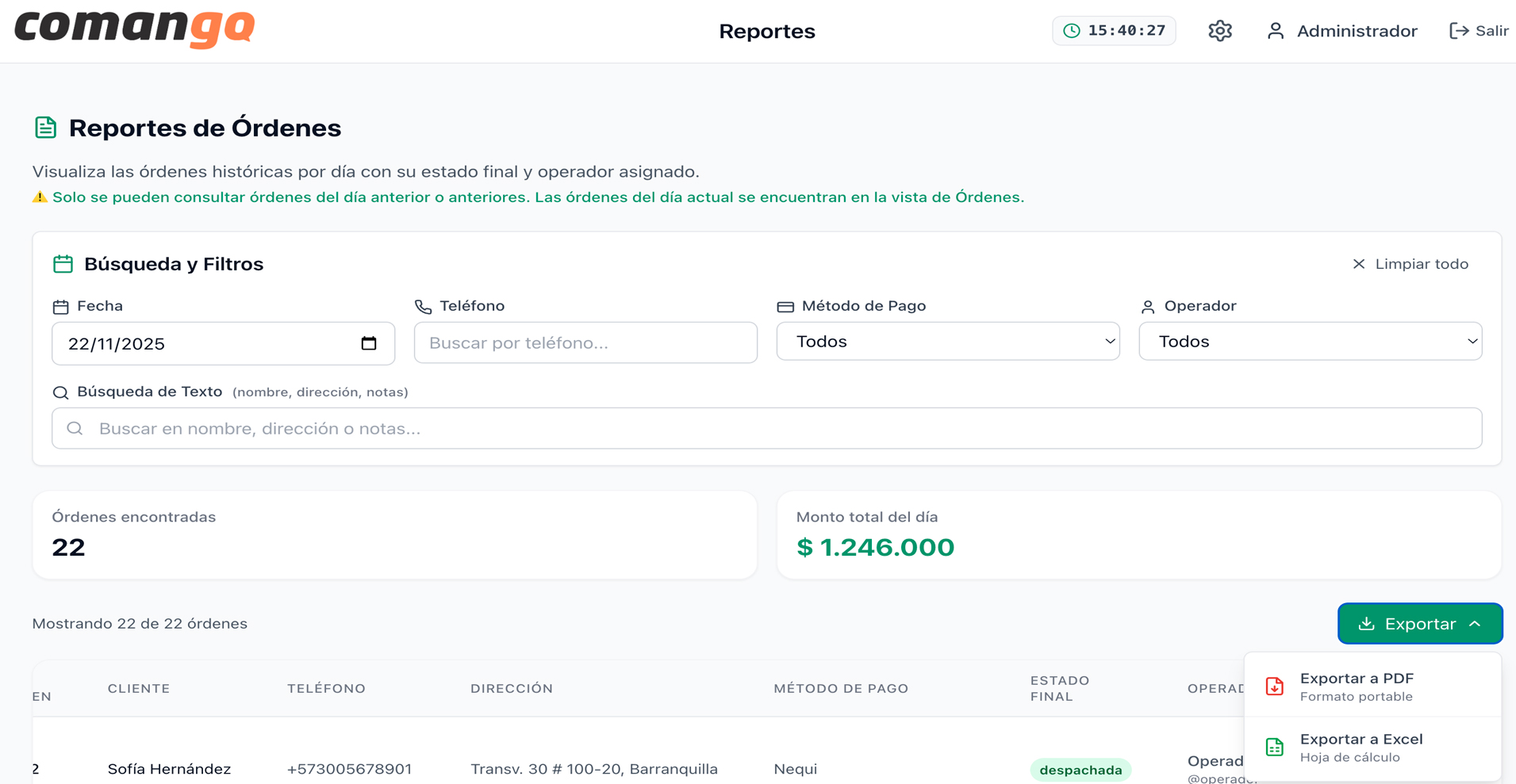 Vista del sistema Comango