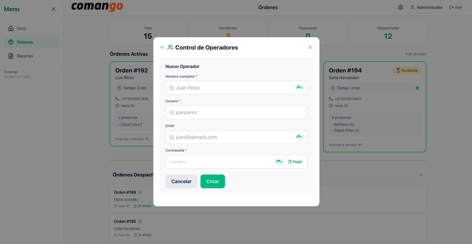 Vista del sistema Comango