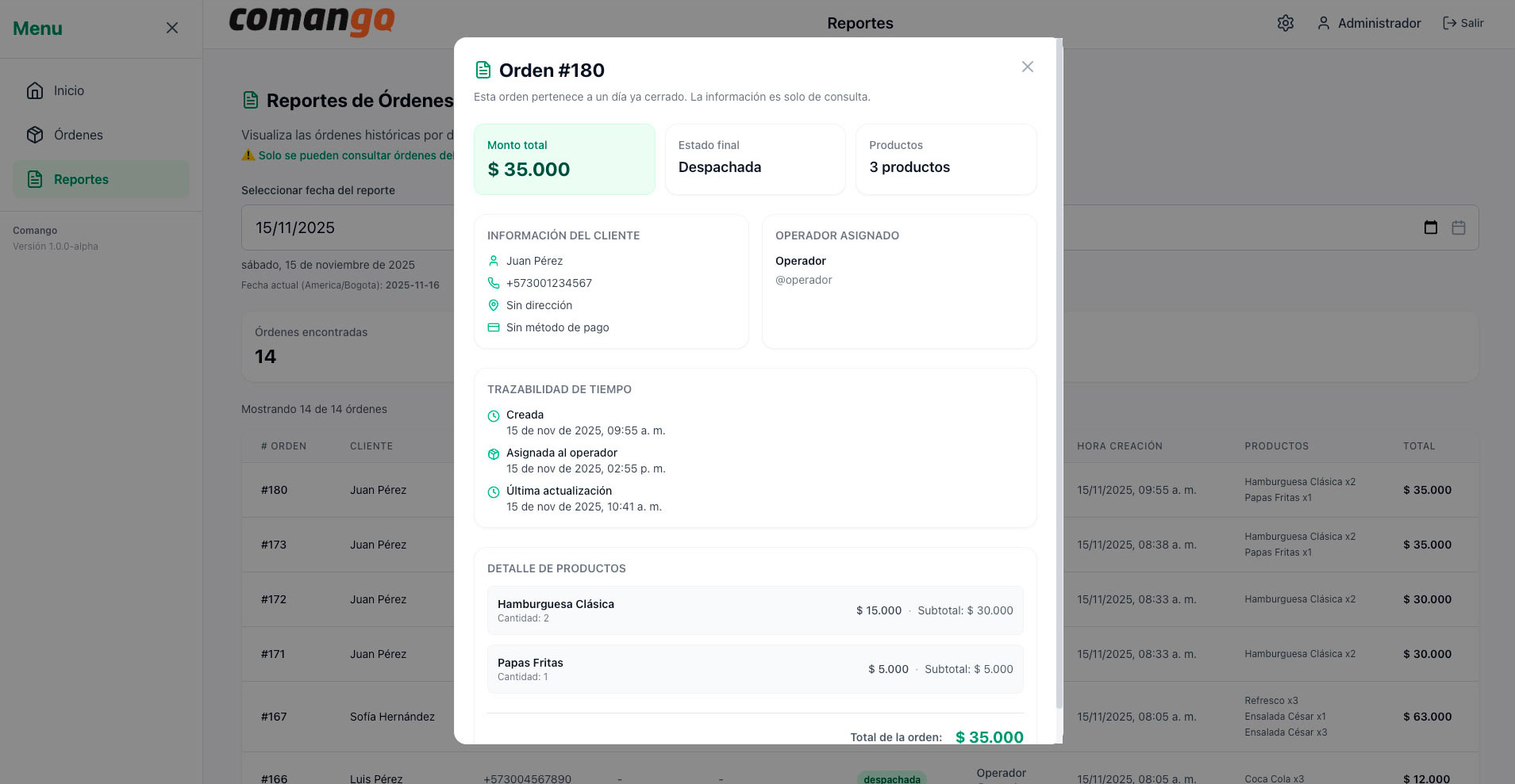 Vista del sistema Comango